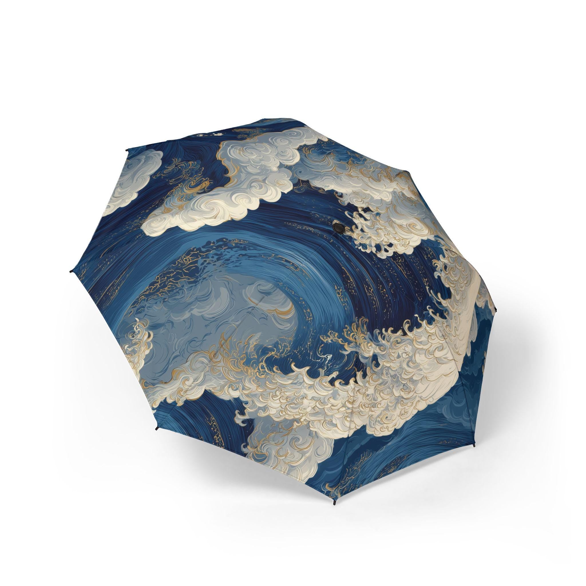 Japanese Ocean Wave Cloud Pattern Umbrella | Blue Swirl Storm Art