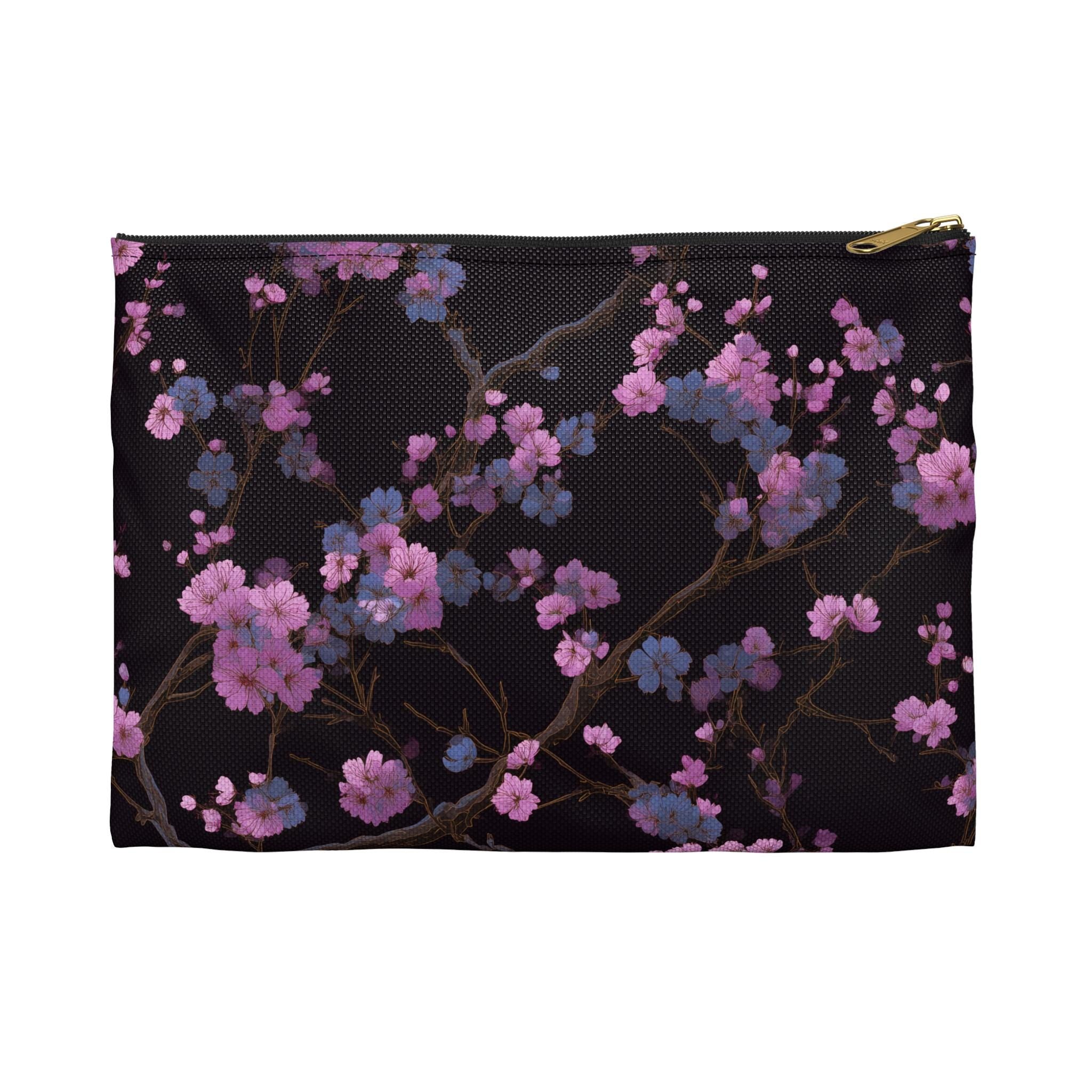 Cherry Blossom Branch Accessory Pouch | Japanese Floral Makeup Bag, Pink Sakura on Black