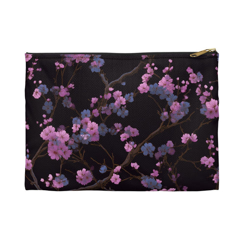 Cherry Blossom Branch Accessory Pouch | Japanese Floral Makeup Bag, Pink Sakura on Black