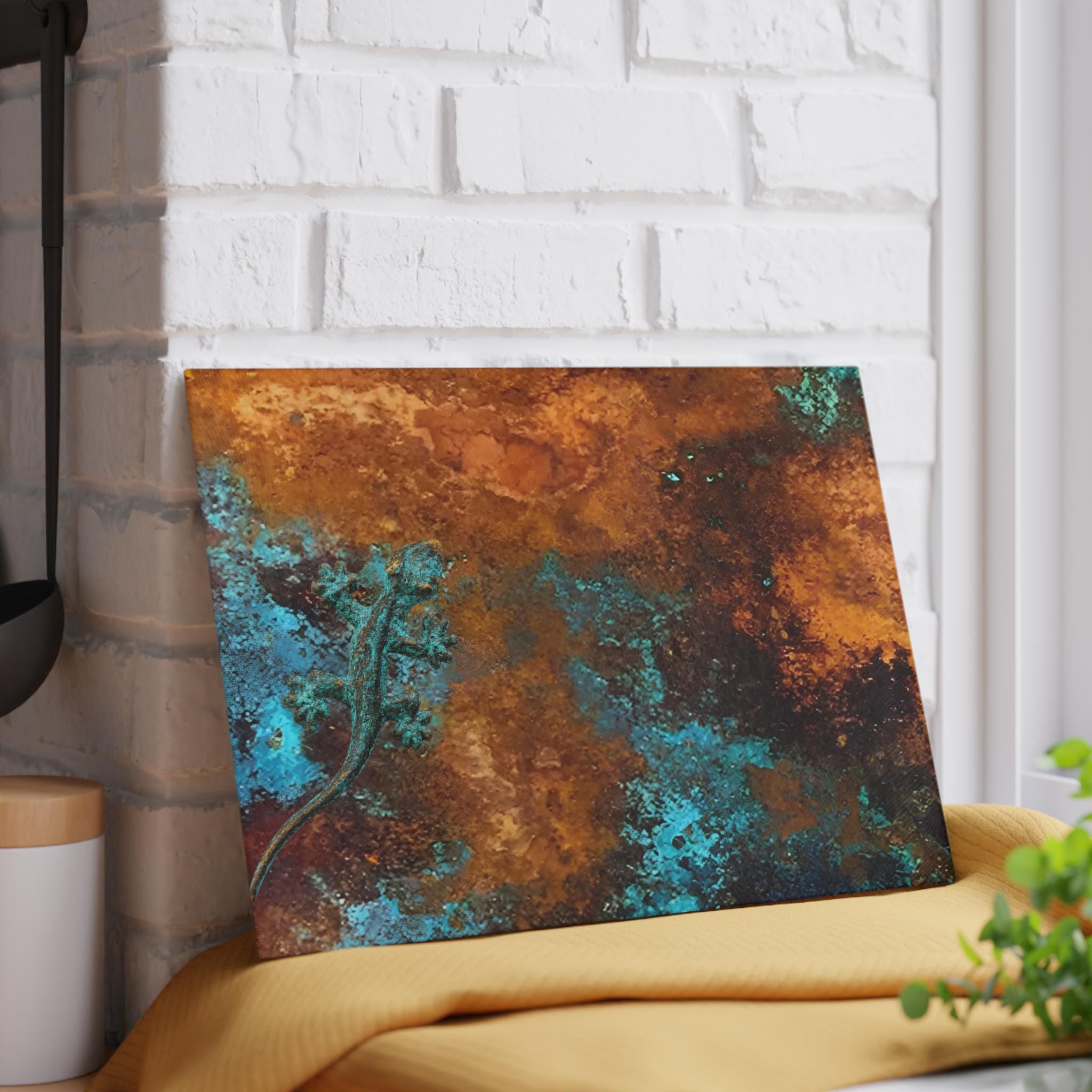 Glass Cutting Board: Copper Camouflage Salamander, Verdigris Patina Kitchen Decor