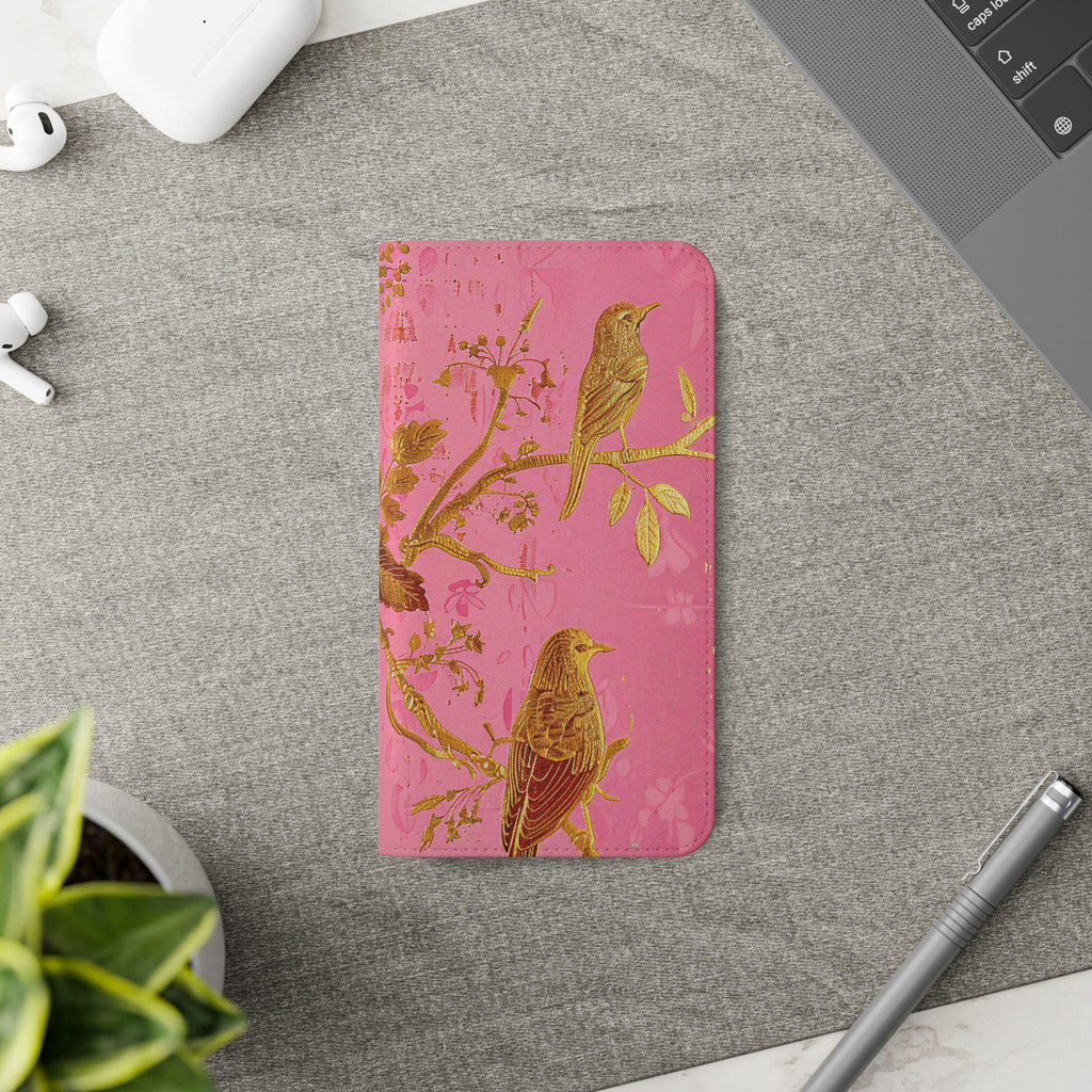 Floral Birds Faux Leather Phone Wallet Case Elegant Bookish Flip Case with Card Slots