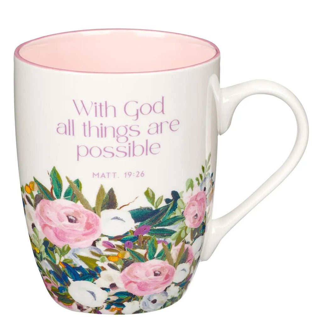 Floral Scripture Coffee Mug – Matthew 19:26 Bible Verse Ceramic Cup