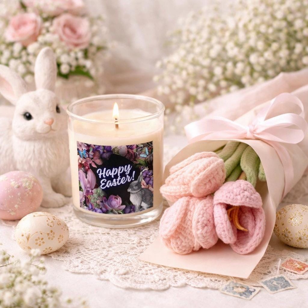 Easter Candle and Crocheted Flower Bouquet Gift Set | Soy Candle, Spring Décor