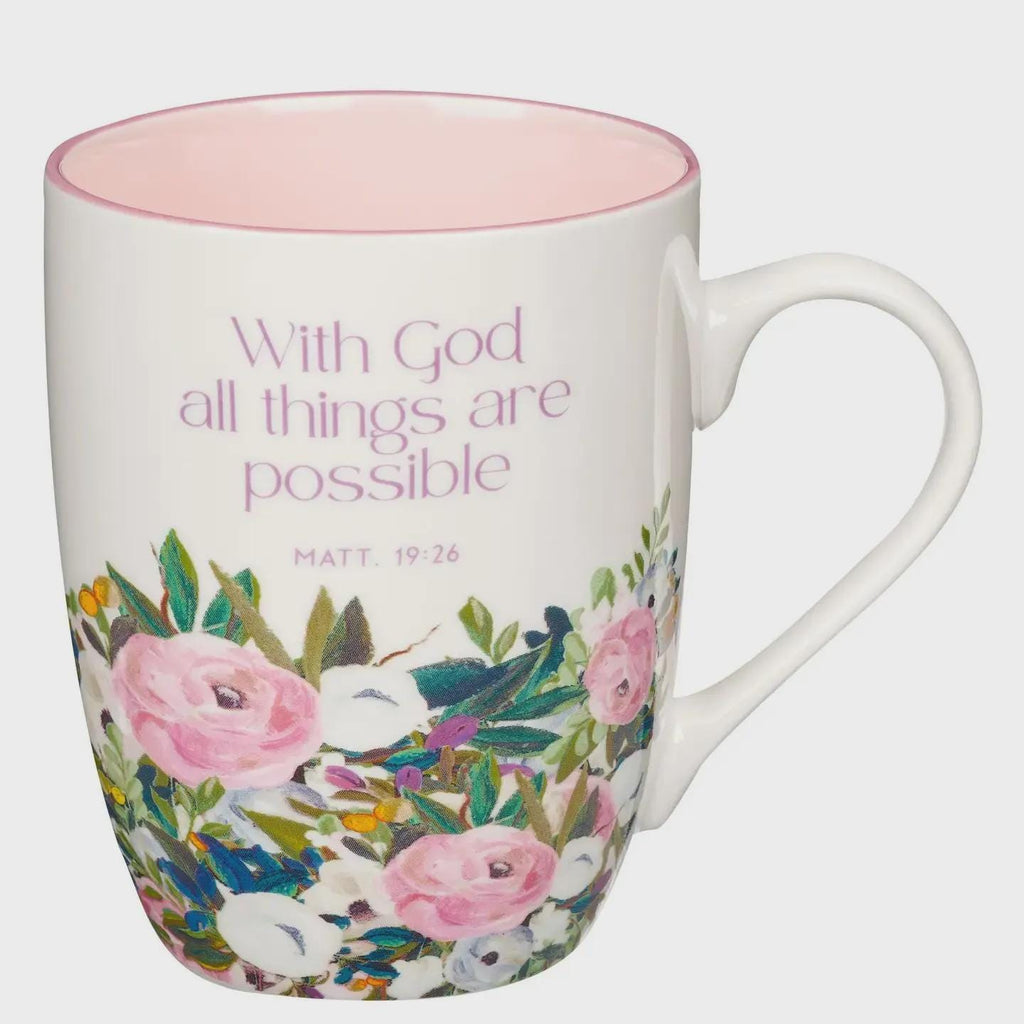 Floral Scripture Coffee Mug – Matthew 19:26 Bible Verse Ceramic Cup