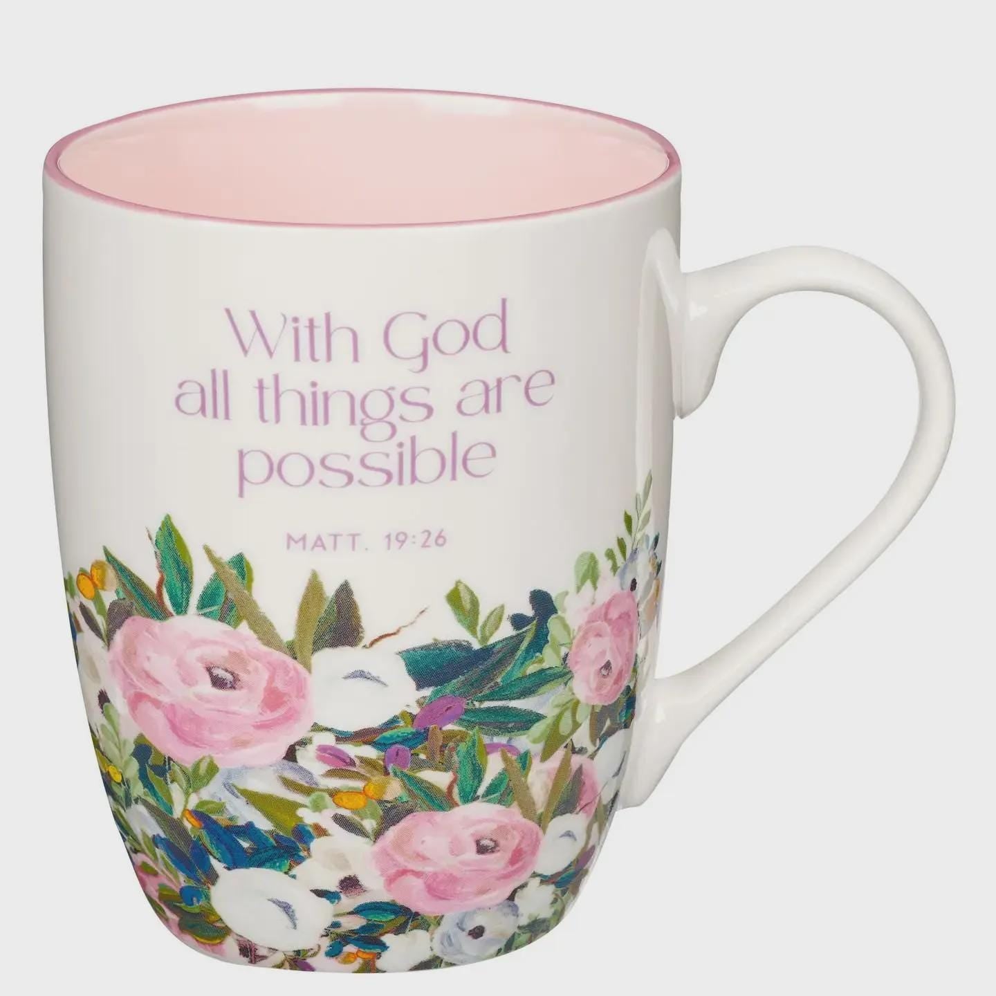 Floral Scripture Coffee Mug – Matthew 19:26 Bible Verse Ceramic Cup