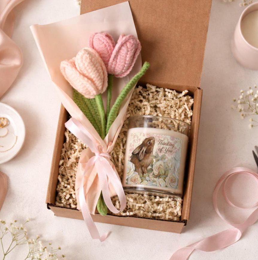 Thinking of You Candle and Crochet Flower Bouquet Gift Set