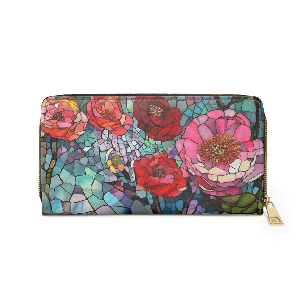 Mosaic Floral Wallet • Vegan Leather Zipper Clutch