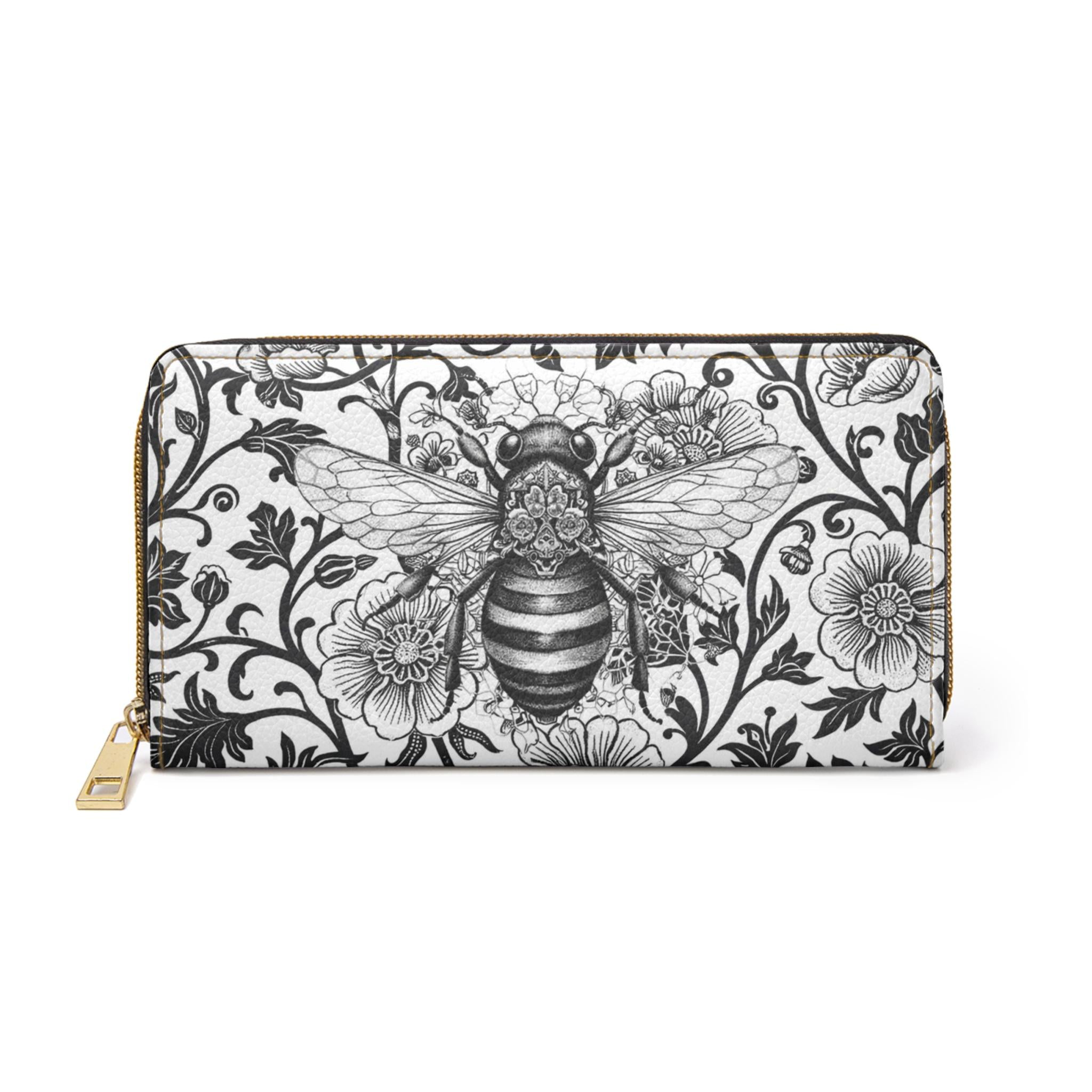 Vintage Bee Toile Floral Mandala Zipper Wallet | Black & White Clutch