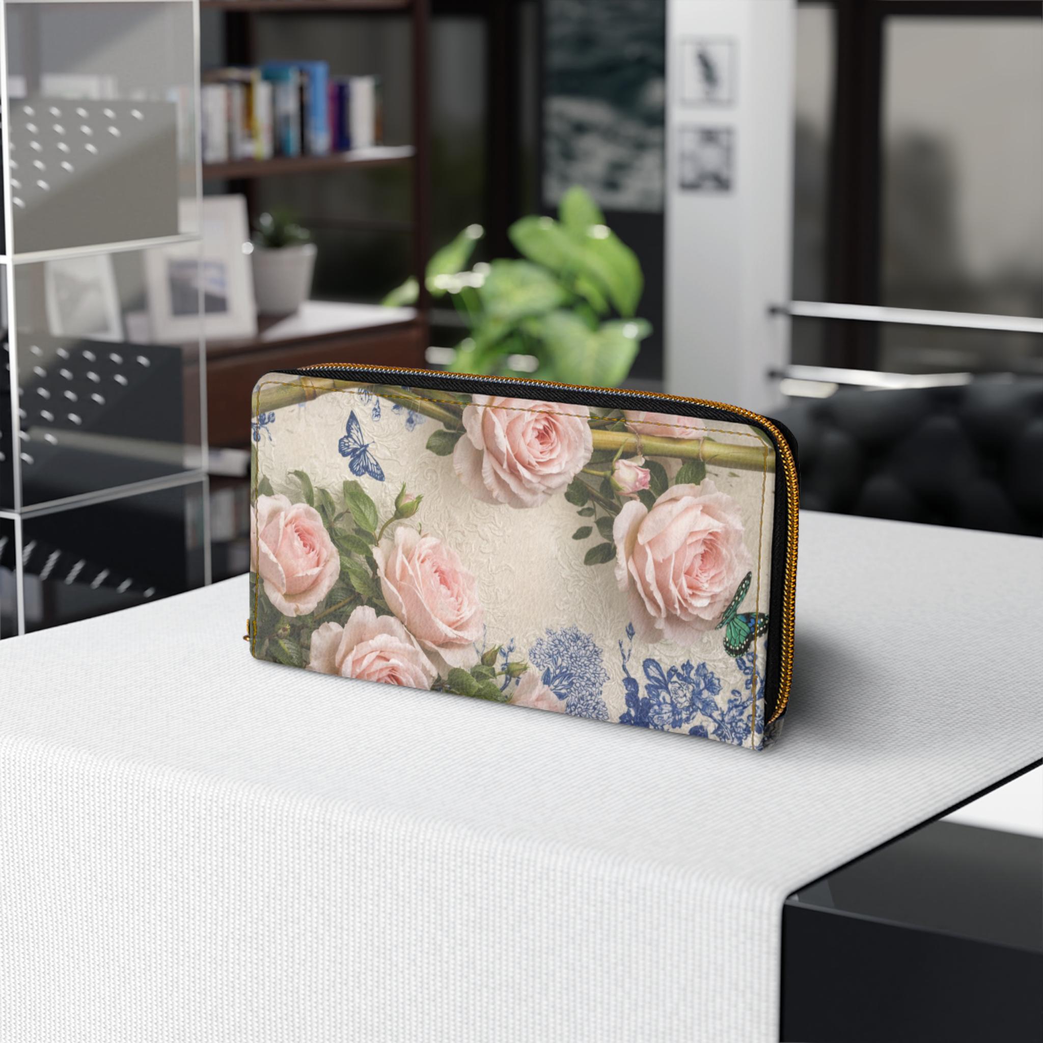 Pink Rose Bouquet Zipper Wallet | Floral Butterflies, Vintage Garden