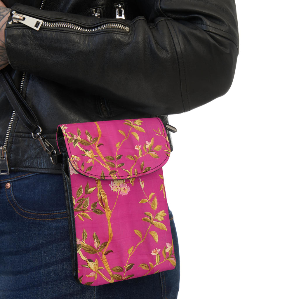 Pink Floral Vine Phone Wallet | Small Crossbody Cell Phone Pouch