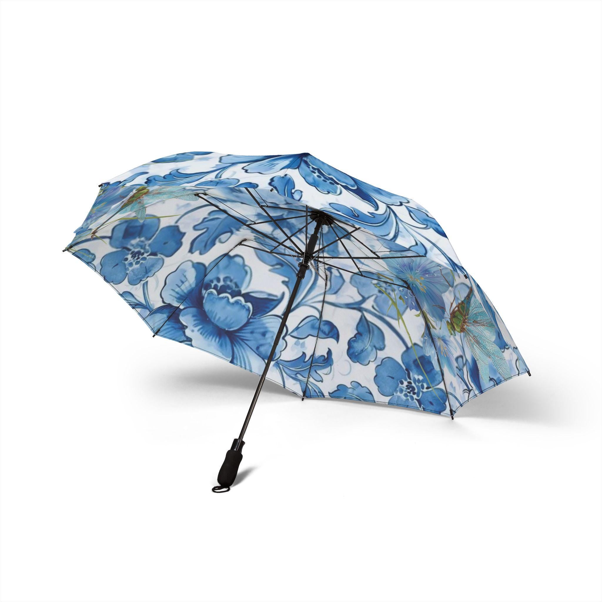 Blue Botanical Dragonfly Umbrella – Garden Floral Print, Compact Travel Accessory