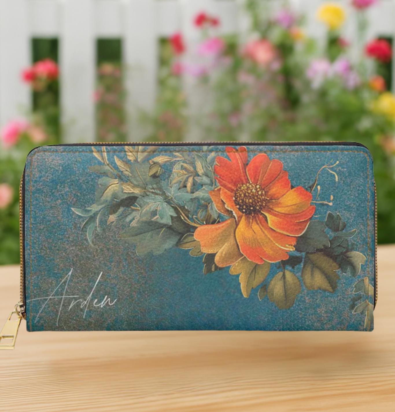 Orange Floral Wallet • Botanical Pattern Zipper Clutch • PCS Garden Accessory