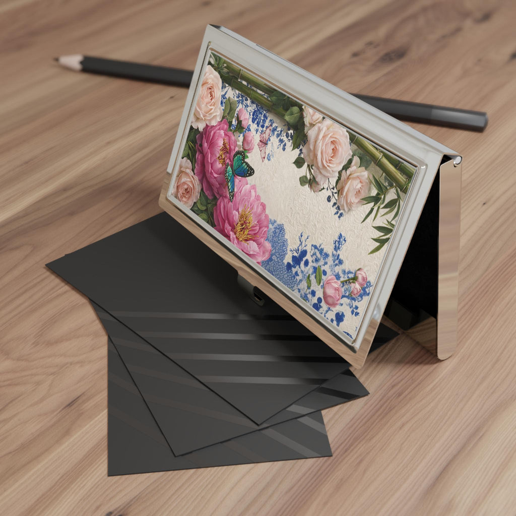 Pink Peonies and Butterfly Business Card Holder | Floral Metal Case