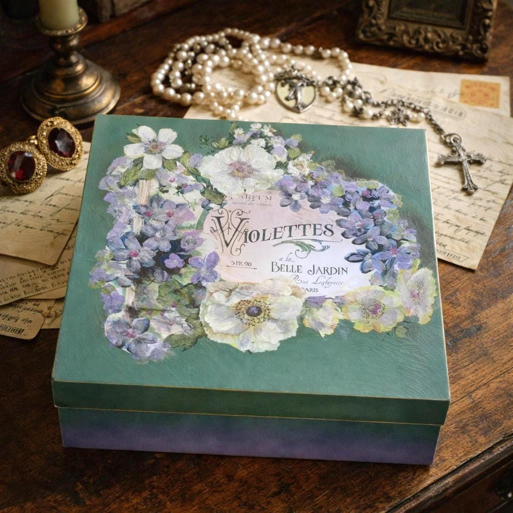 The Vintage Violette Label Keepsake Box,Jewelry chest, For Rosaries, Hankies, letters. Storage gift Box