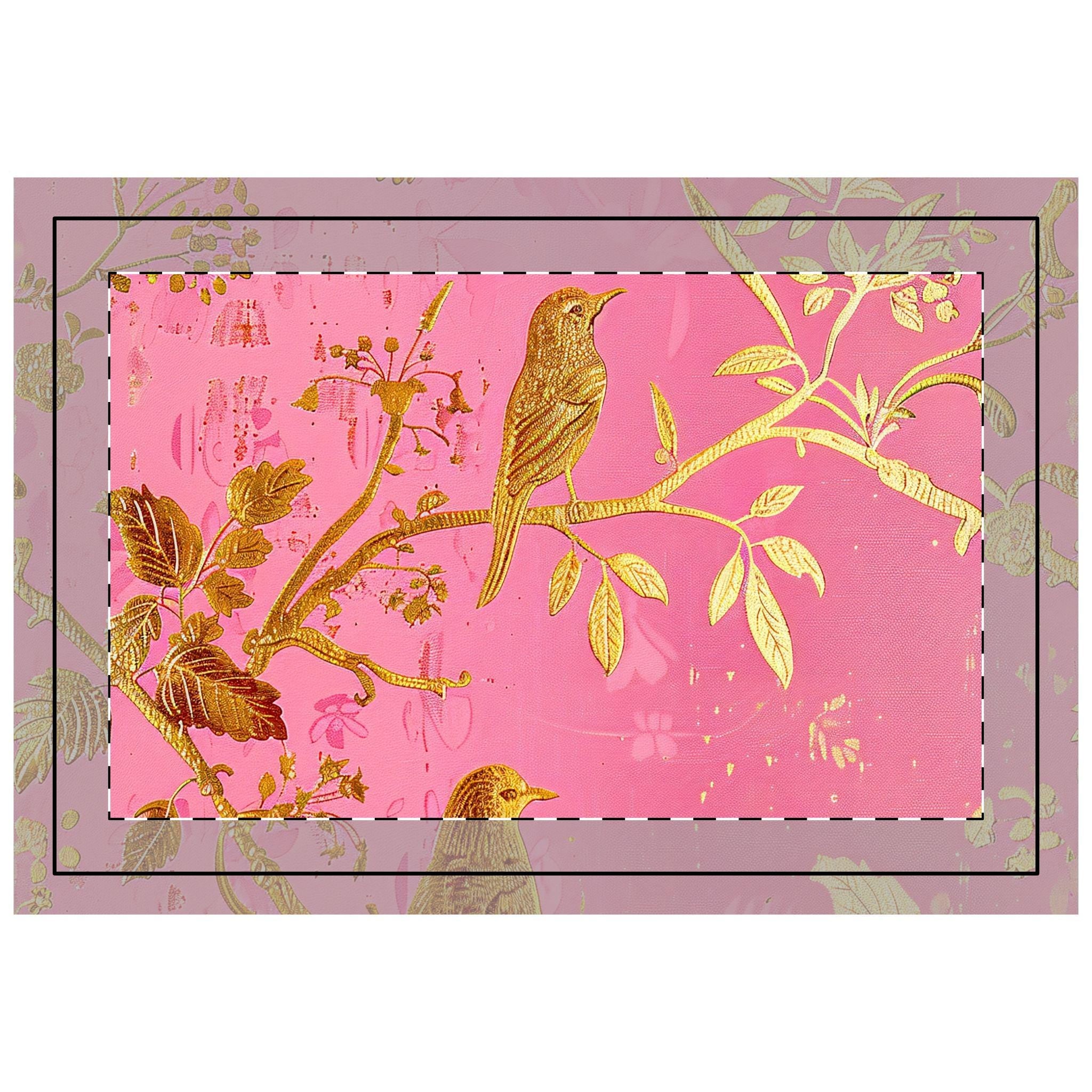Gold Bird Branch quilted placemat | pink botanical table mat