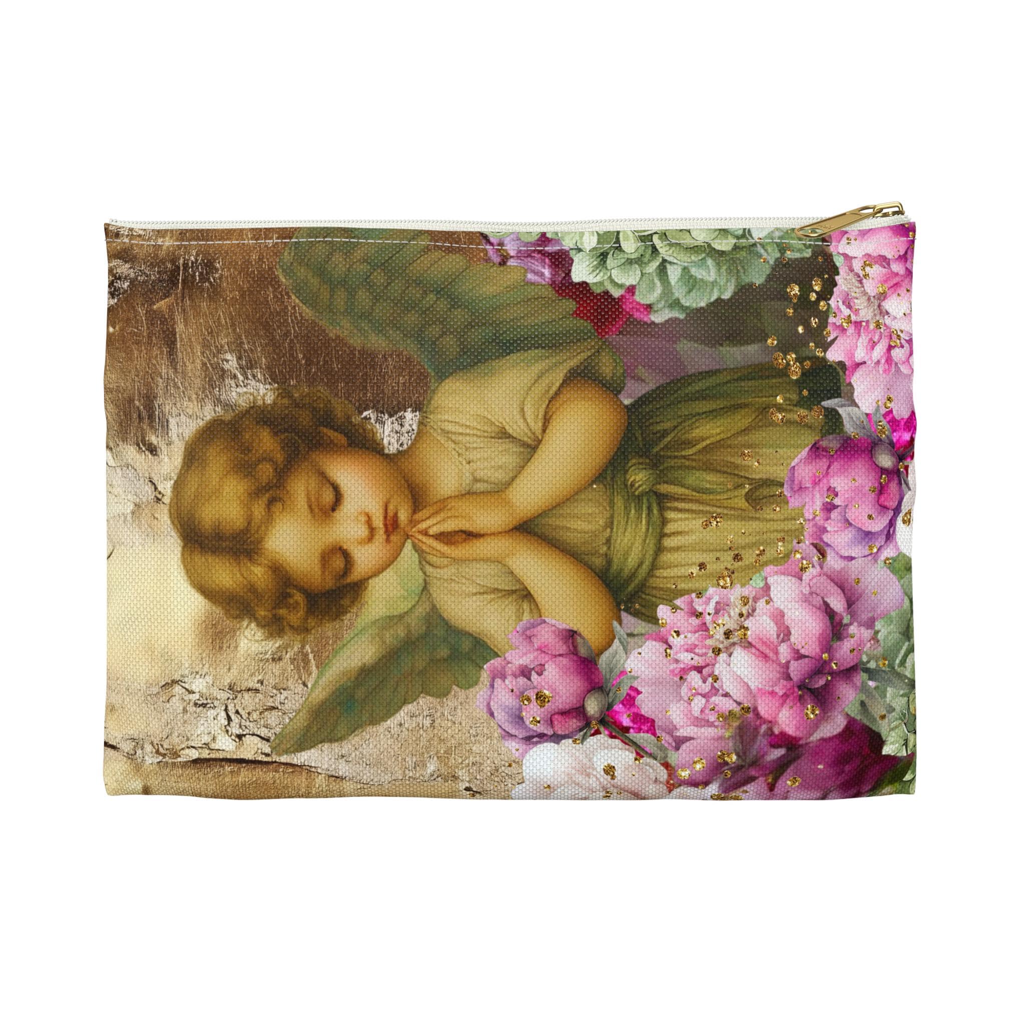 Praying Angel Accessory Pouch | Vintage Cherub Floral Zipper Bag