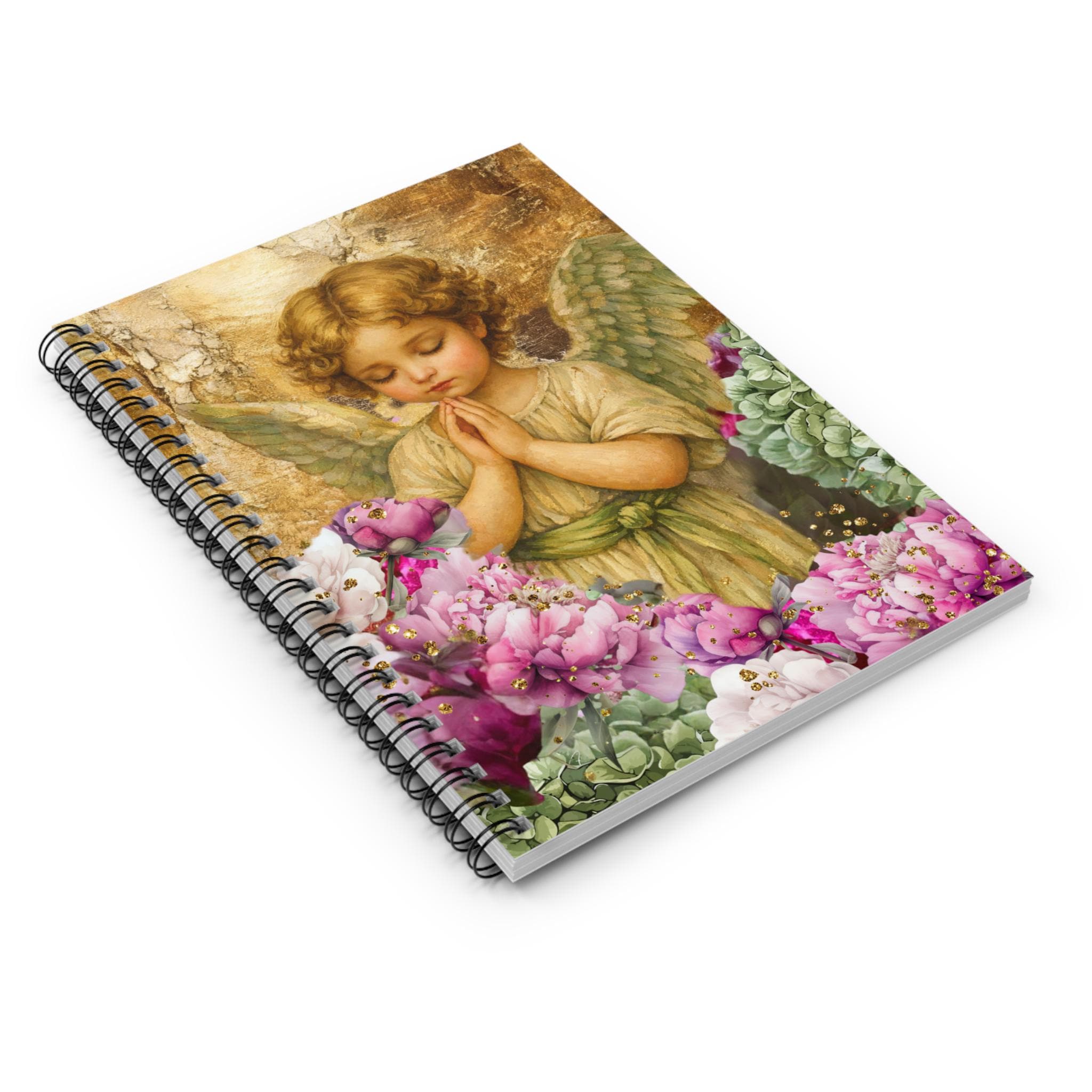 Praying Cherub Angel Spiral Notebook | Floral Ruled Journal
