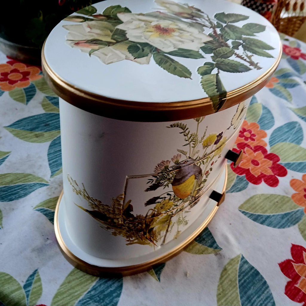 Oval Jewelry Box with Mirror | Hand-Painted Wooden Floral Bird Design, Vintage Vanity Chest