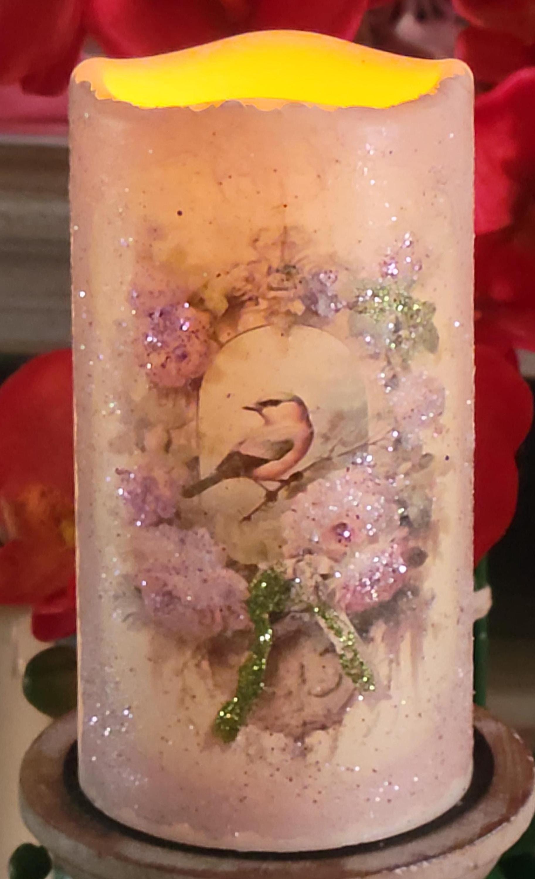 Victorian Bird LED Wax Pillar, Decorated Flameless Candle Centerpiece, Candle Decor
