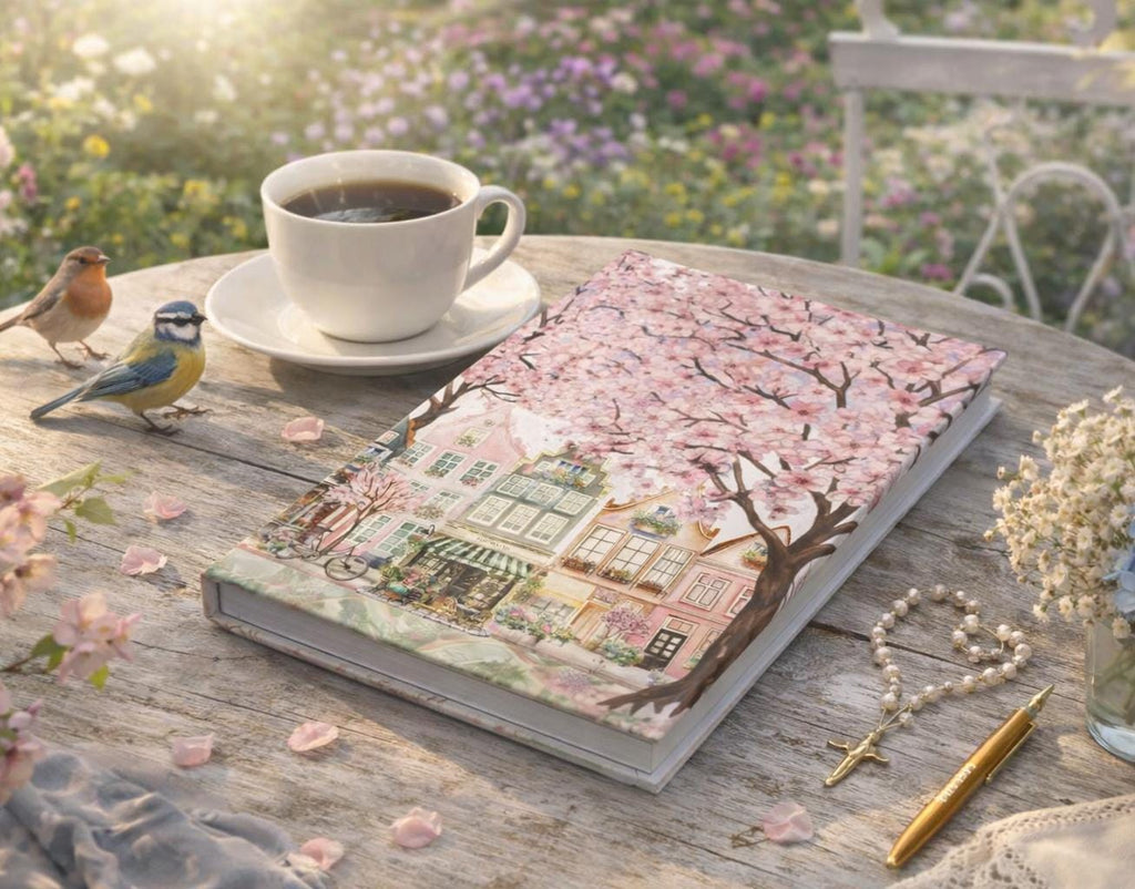 Cherry Blossom Street Scene Hardcover Journal | Sakura Trees & Painted Ladies