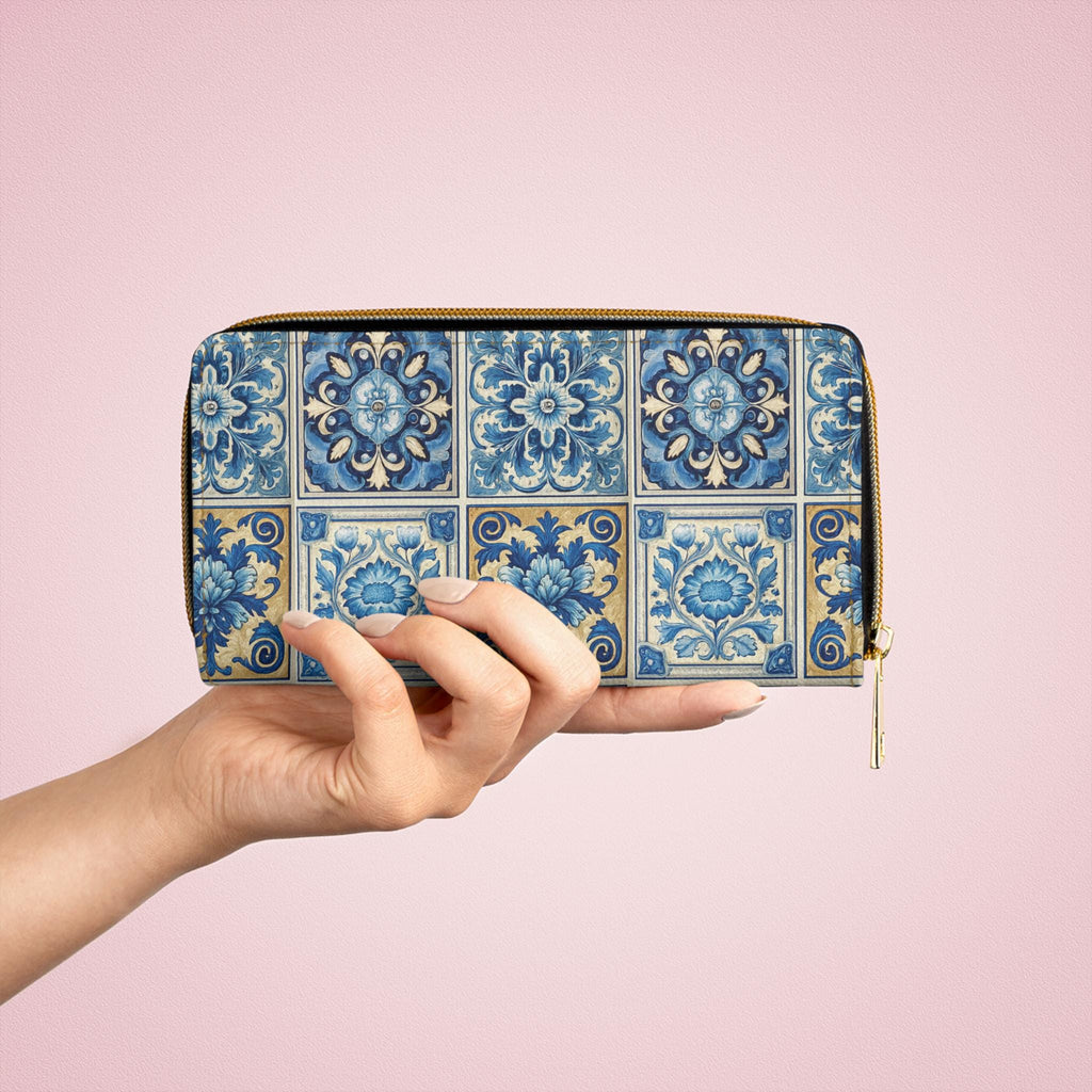 Portuguese Tile Vegan Leather Wallet • Blue Floral Pattern Clutch