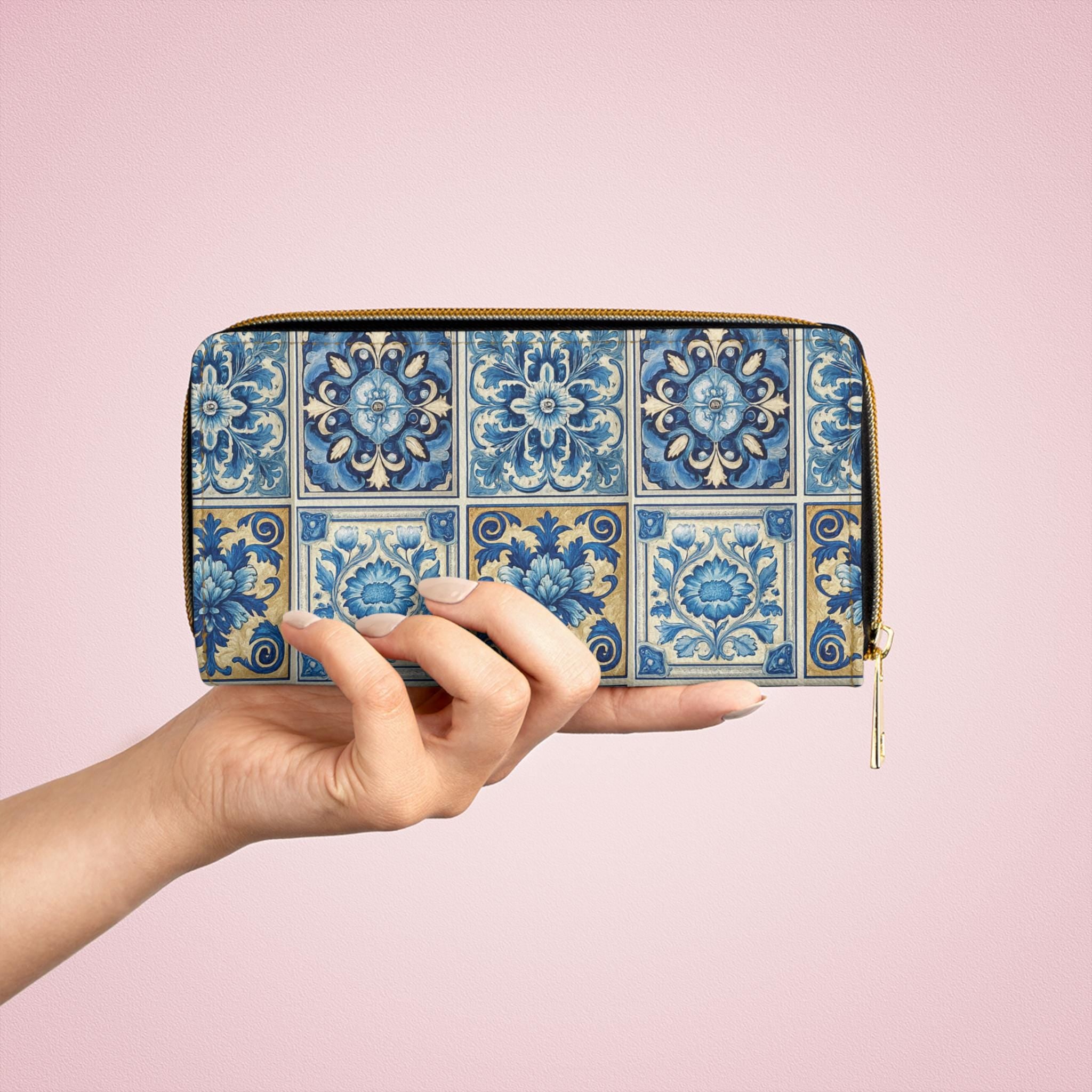 Portuguese Tile Vegan Leather Wallet • Blue Floral Pattern Clutch