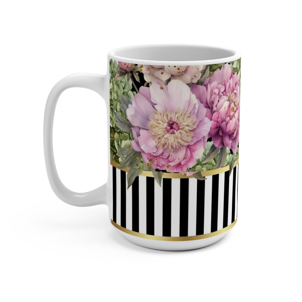 Pink Peonies with Hydrangea 15 oz Mug | Black White Stripe Accent | Victorian Botanical CUP