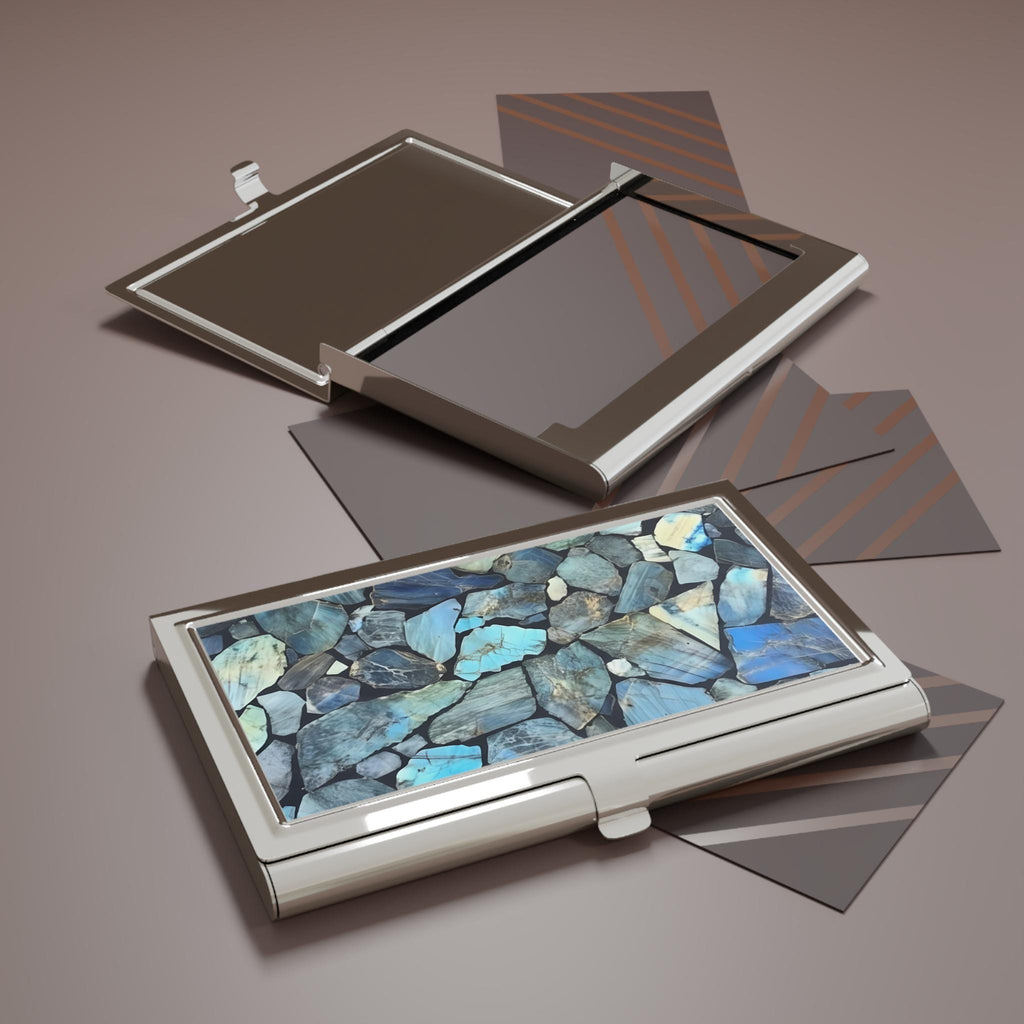 Labradorite Shards Business Card Holder | 3D Iridescent Stone Image Desk Accessory