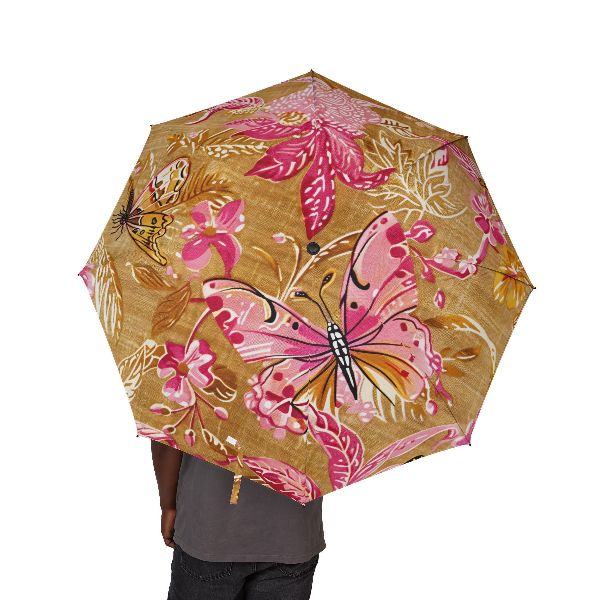 48" Floral Tan Umbrella Large, Windproof Travel Umbrella Vintage Botanical Rain Parasol Lightweight Folding Rain Accessory