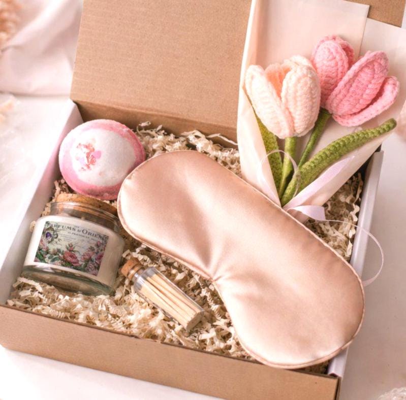 Mother’s Day Serenity Gift Set: Sage Candle, Bath Bomb, Sleep Mask, Crochet Bouquet
