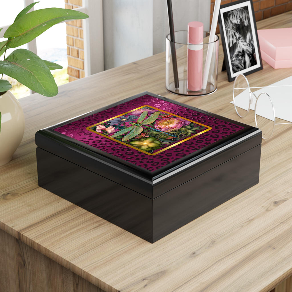 Magenta Leopard & Botanical Dragonfly Jewelry Box | Keepsake Vanity Organizer