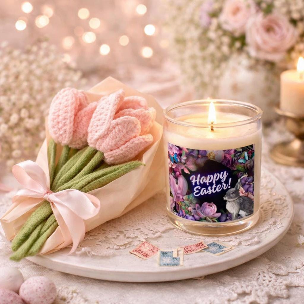 Easter Candle and Crocheted Flower Bouquet Gift Set | Soy Candle, Spring Décor