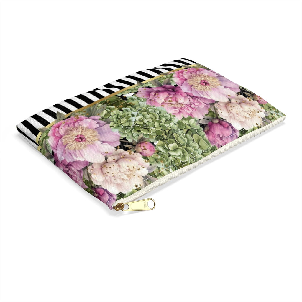 Pink Peonies & Green Hydrangeas Accessory Pouch | Black White Stripes