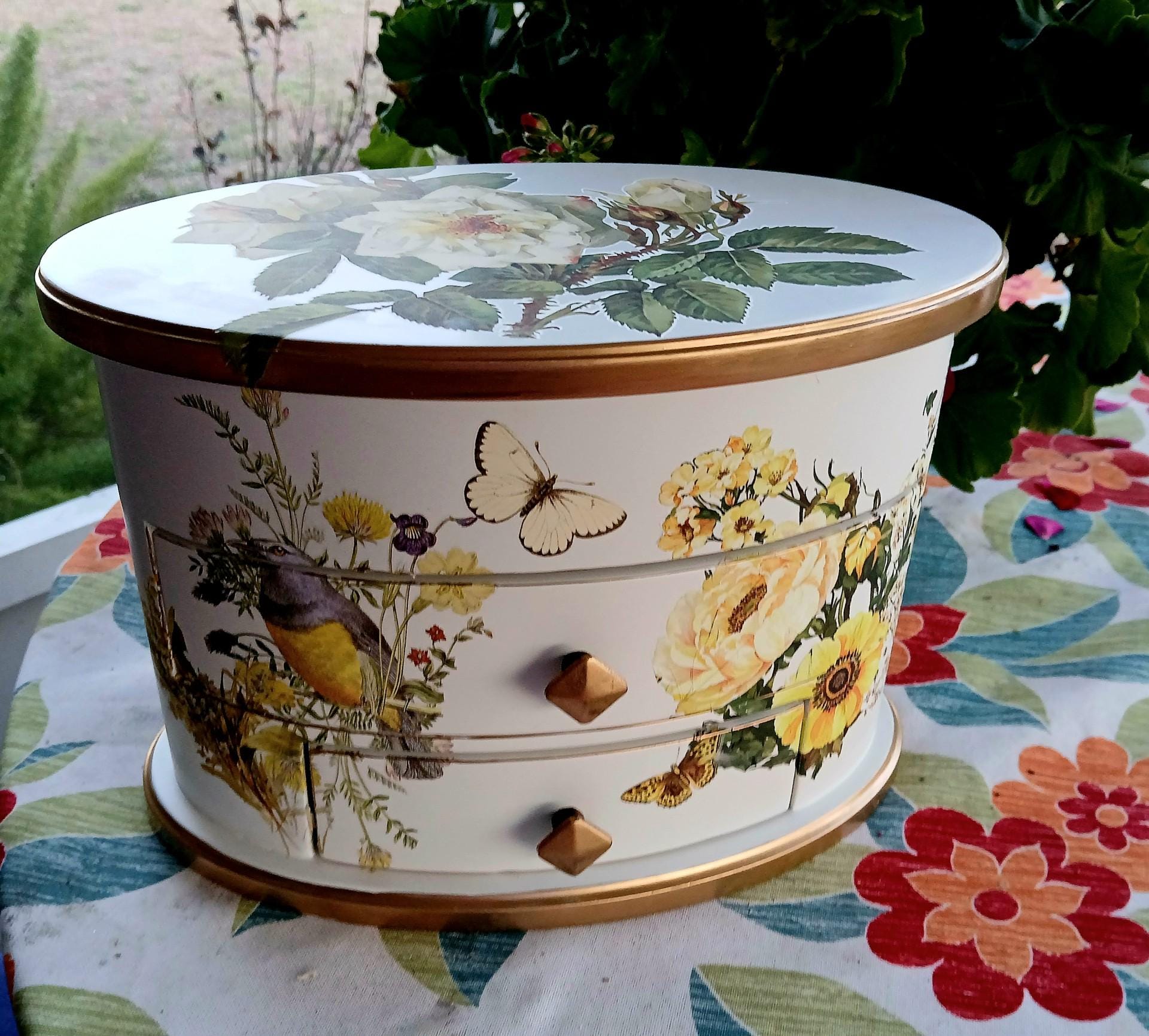 Oval Jewelry Box with Mirror | Hand-Painted Wooden Floral Bird Design, Vintage Vanity Chest