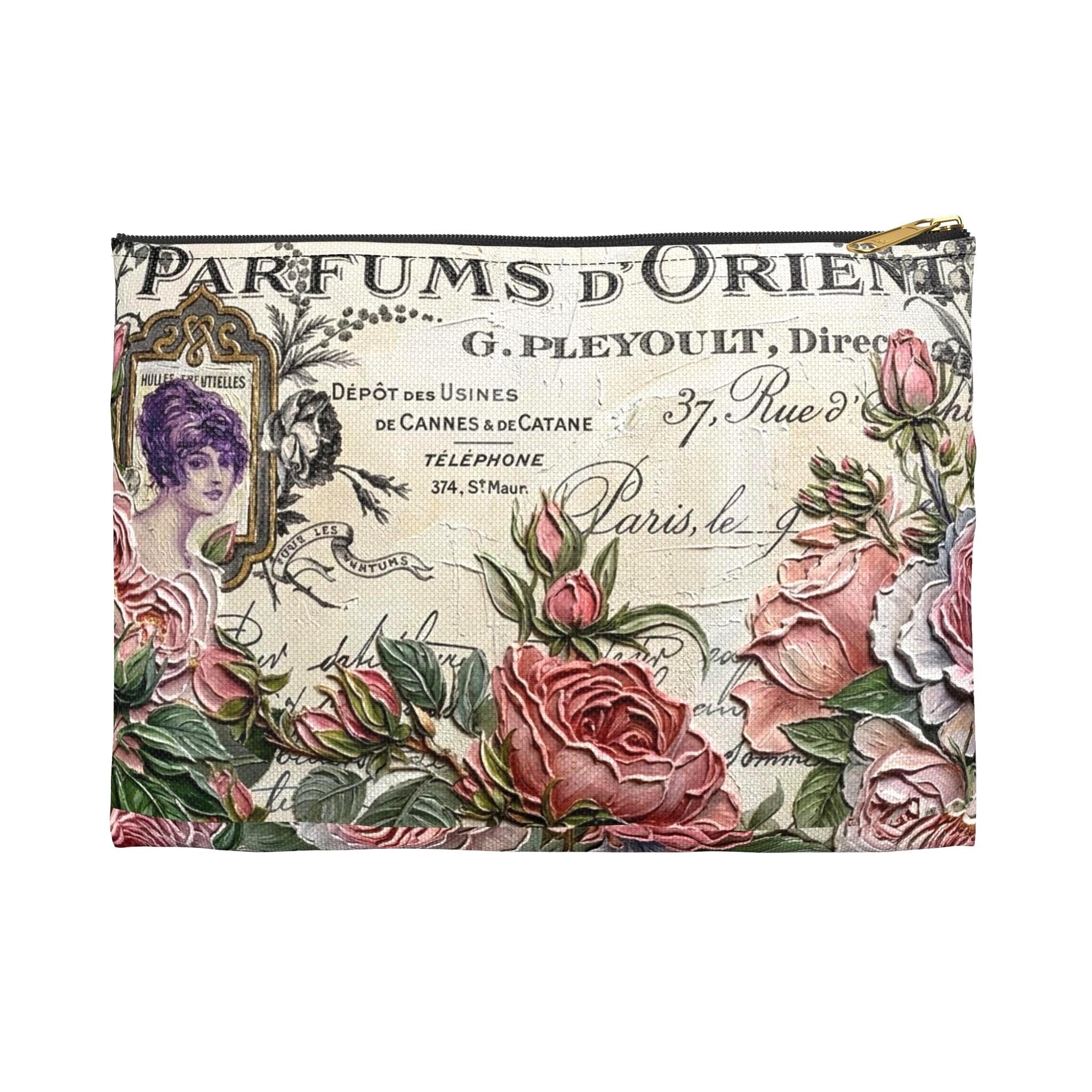 Vintage Roses Perfume Label Accessory Pouch | Floral Cosmetic Bag