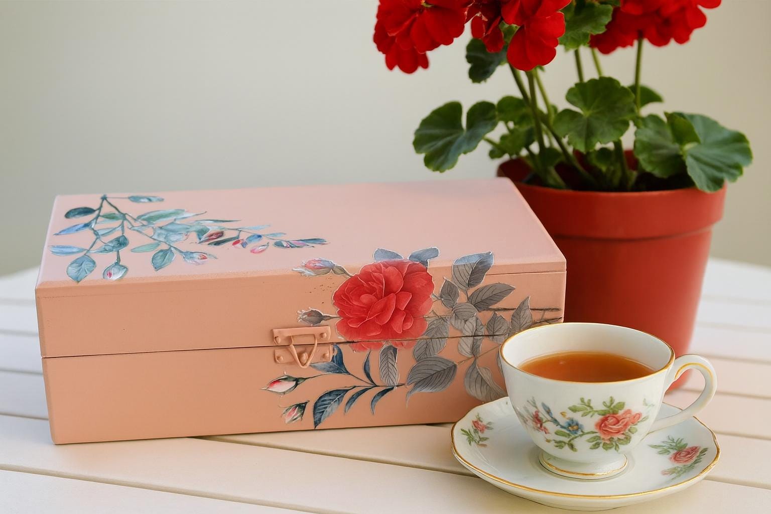 Refurbished Velvet Lined Tea Caddy, Pink Floral Wood Box