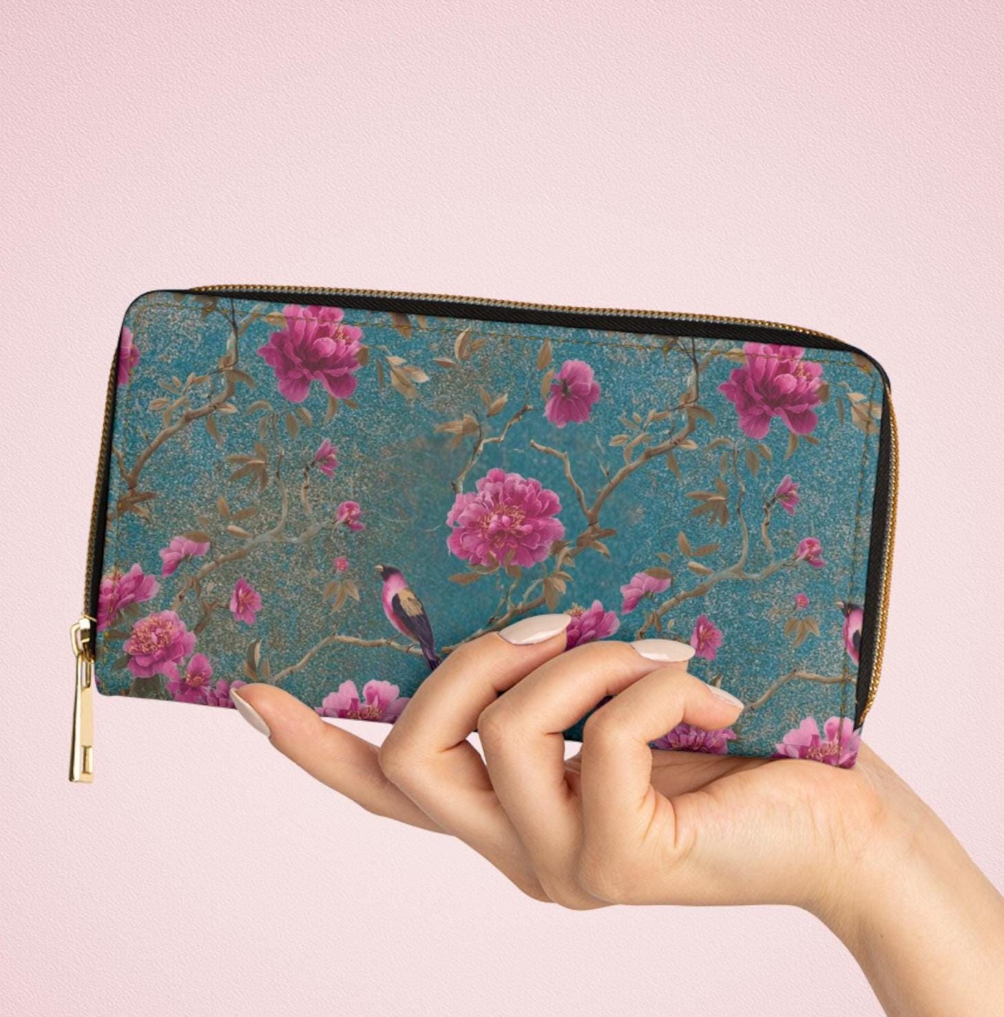 Vintage Sakura Trees Floral Zipper Wallet, Botanical PU Leather Accessory