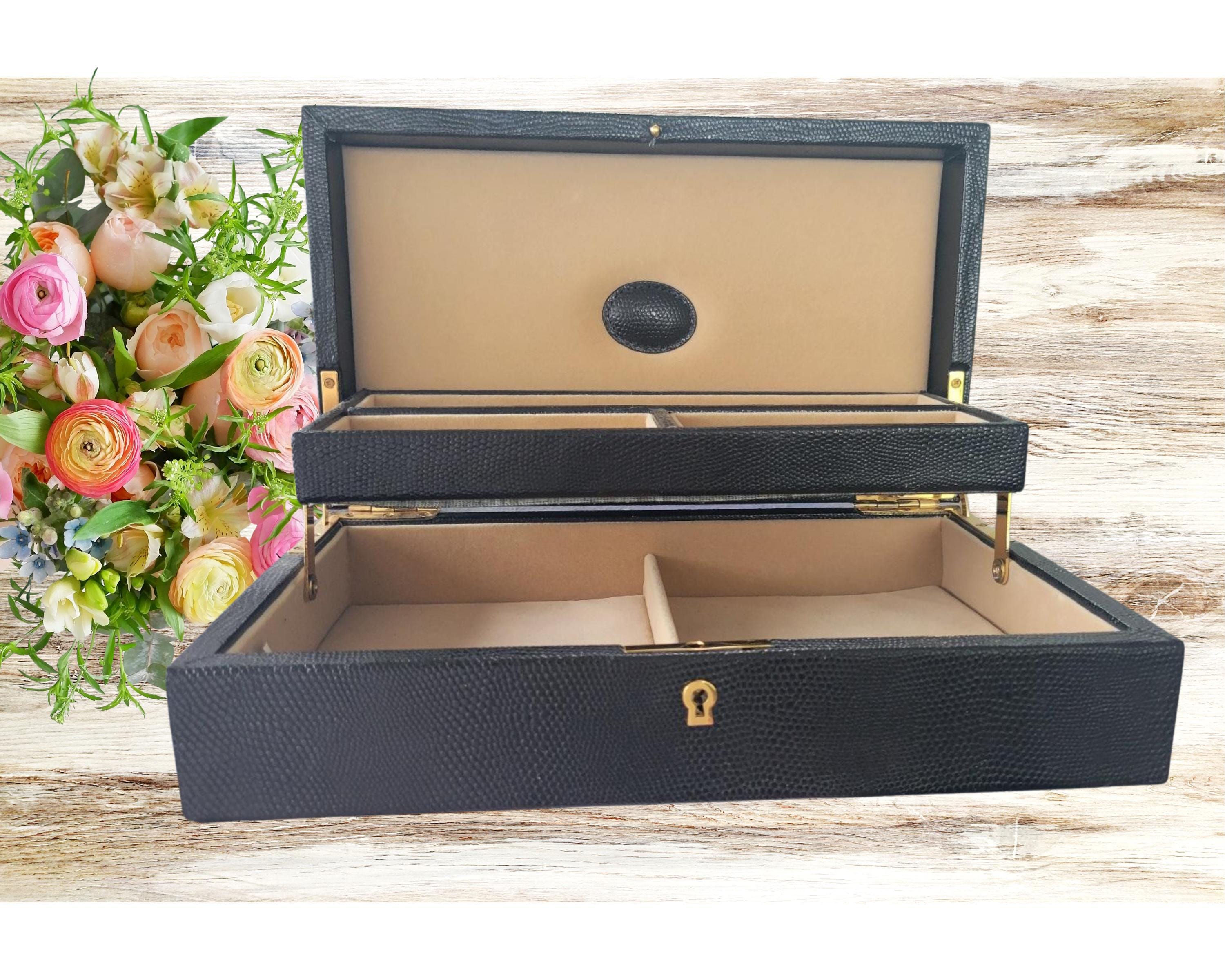 Black Leather Jewelry Box with Bird Motif – Snakeskin Embossed Dresser Box, Elegant Men’s Gift, Velvet Interior Storage, Ready to Ship