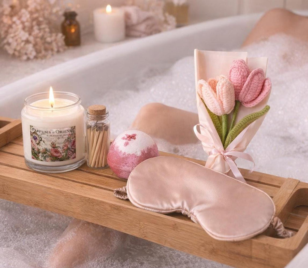Mother’s Day Serenity Gift Set: Sage Candle, Bath Bomb, Sleep Mask, Crochet Bouquet