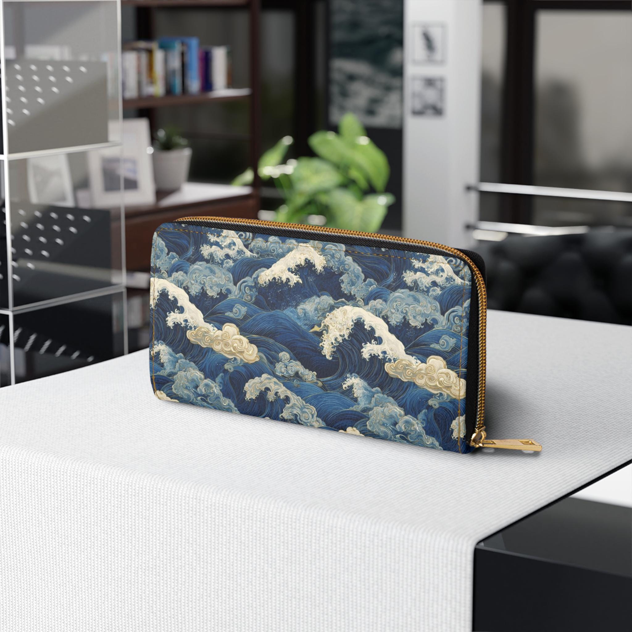 Japanese Wave Art Zipper Wallet, Bold Sumi e Ocean Clutch Accessory