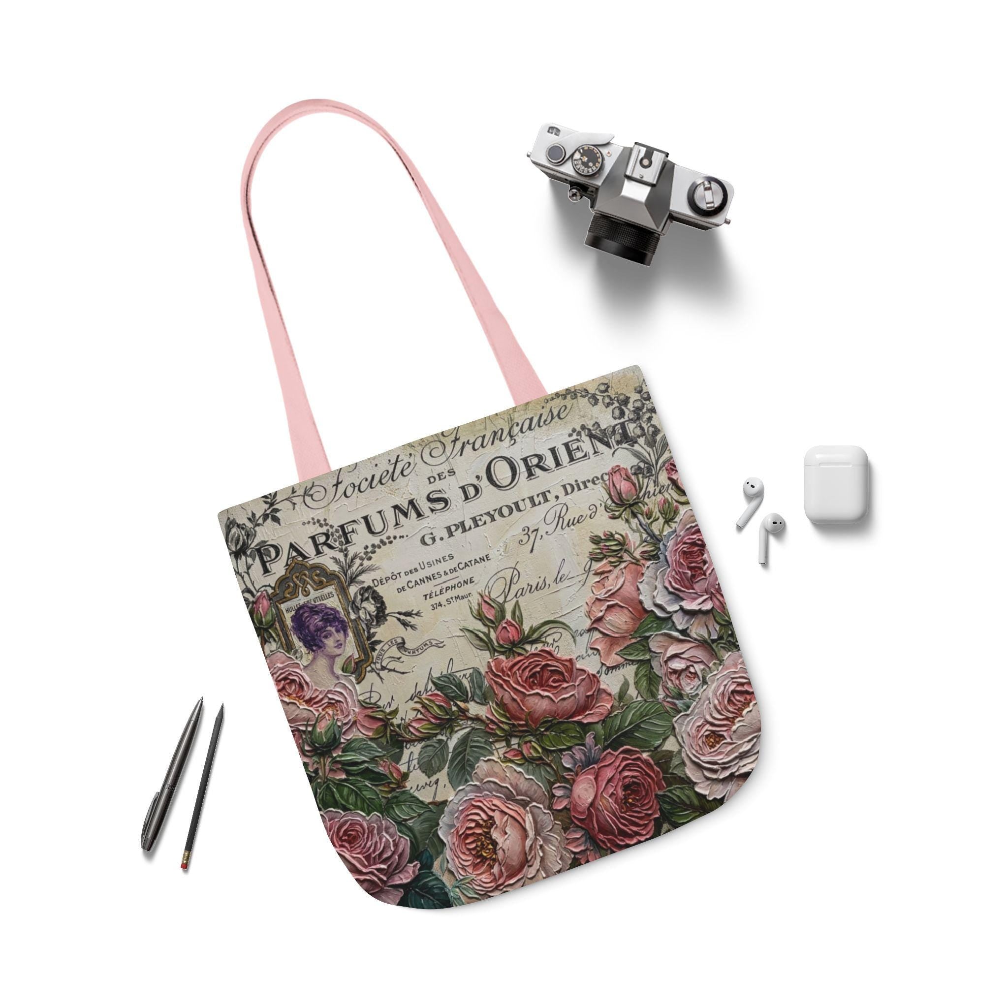 Vintage Floral Perfume Label Tote Bag, Polyester Canvas Shopper