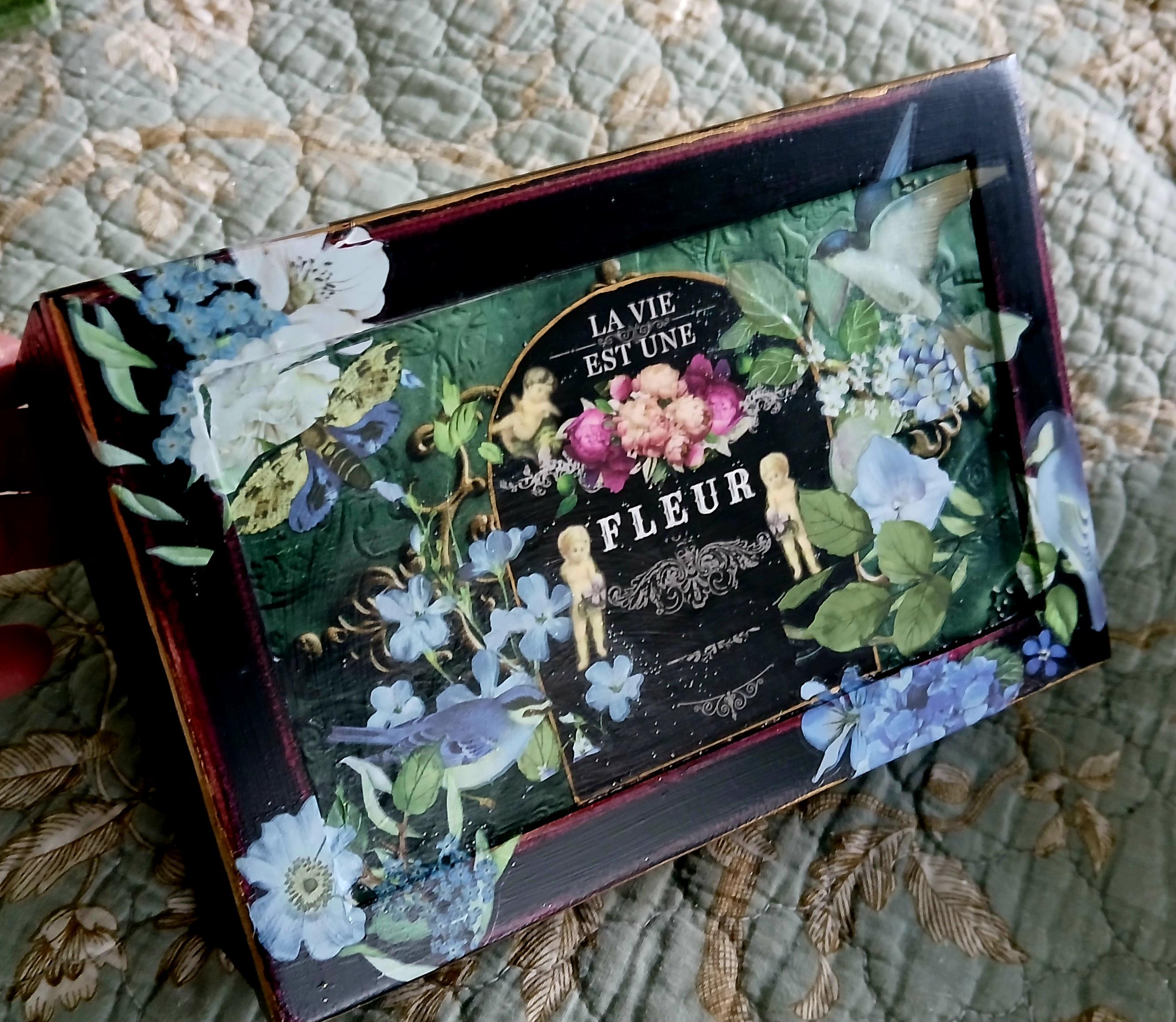 Decorated Mahogany Jewelry Box • Vintage Botanical Decoupage Keepsake Chest