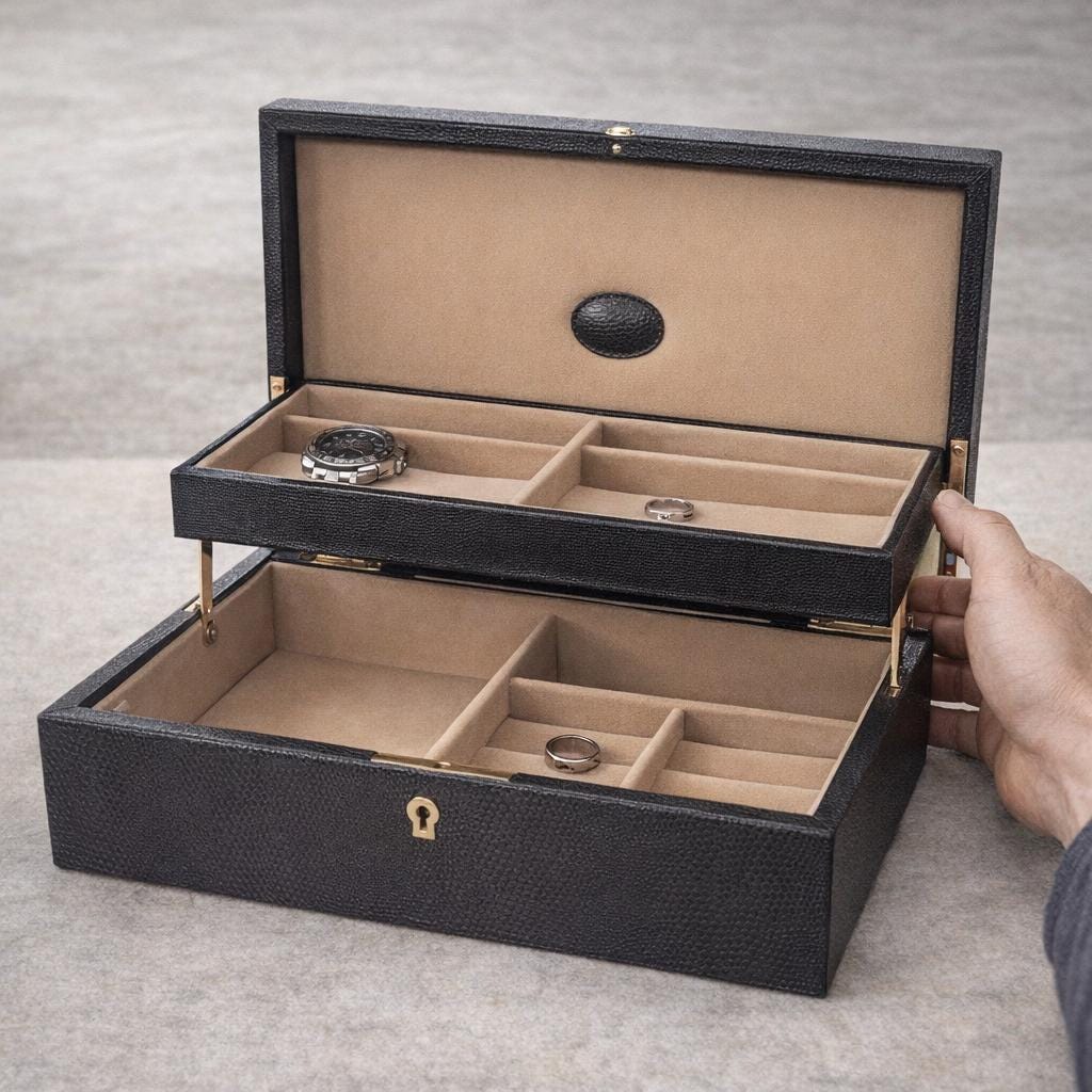 Black Leather Jewelry Box with Bird Motif – Snakeskin Embossed Dresser Box, Elegant Men’s Gift, Velvet Interior Storage, Ready to Ship