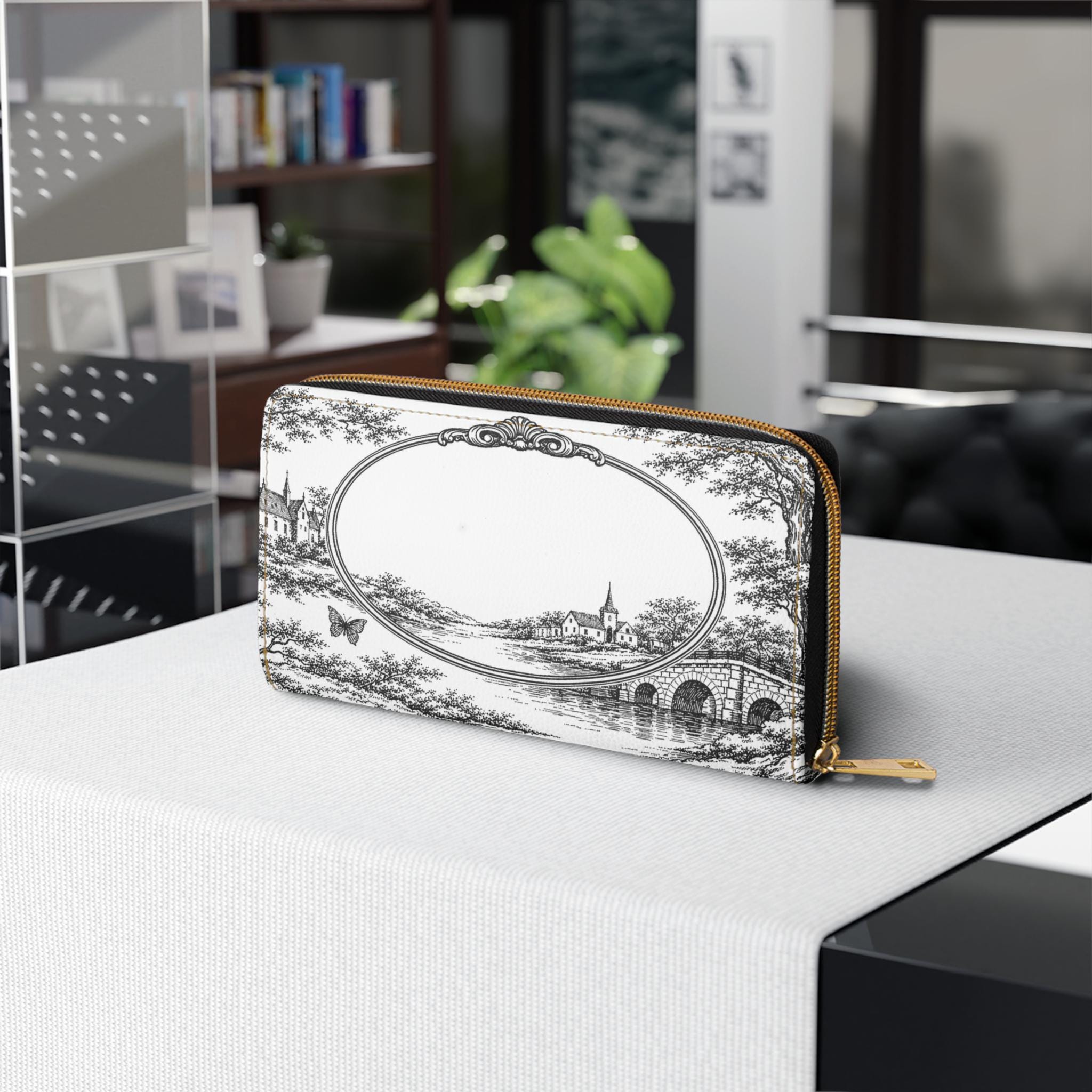 Vintage Black and White Toile Floral Wallet | Zipper Clutch