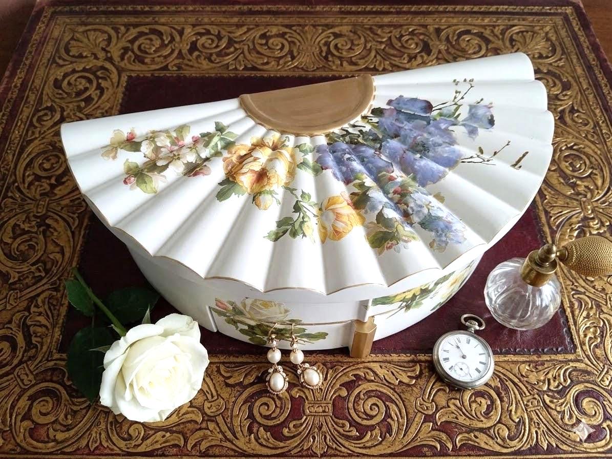Fan Shaped Jewelry Box | Hand Painted Floral Vanity Organizer with Mirror