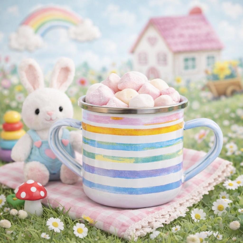 McKenzie Childs Pastel Striped Enamel Double Handle 8 Oz Cup