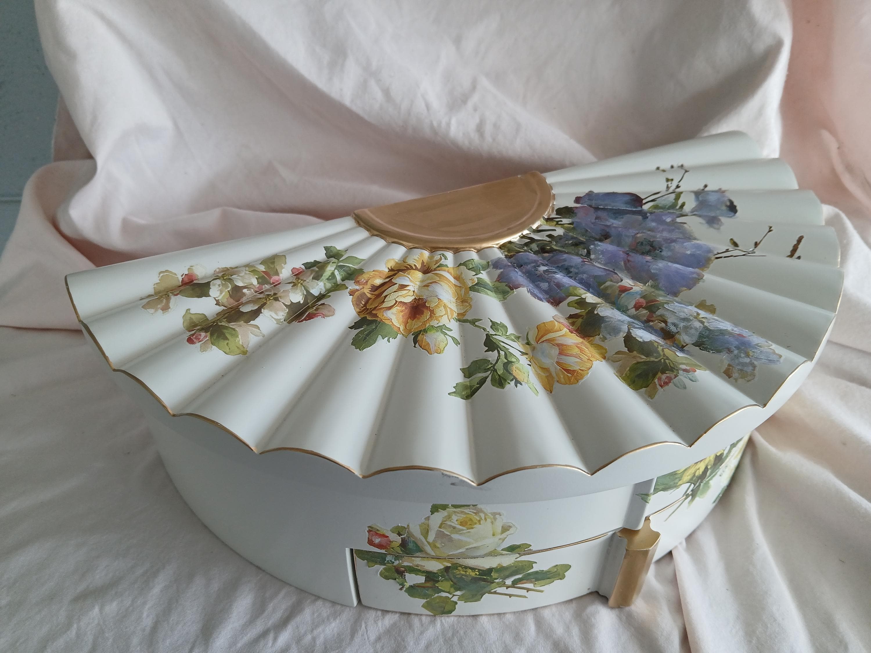 Fan Shaped Jewelry Box | Hand Painted Floral Vanity Organizer with Mirror