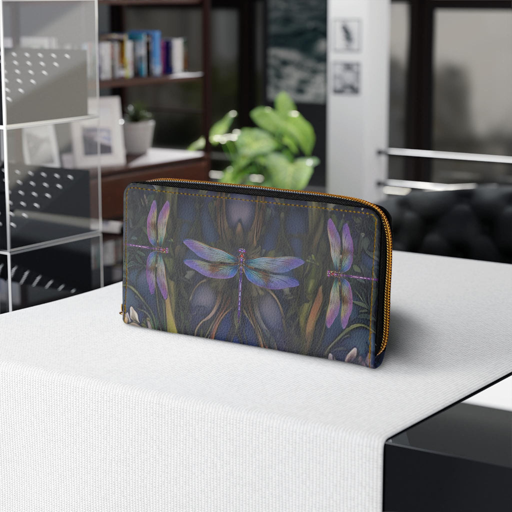 Dragonfly Art Zipper Wallet | Floral, Vintage-Inspired Illustration