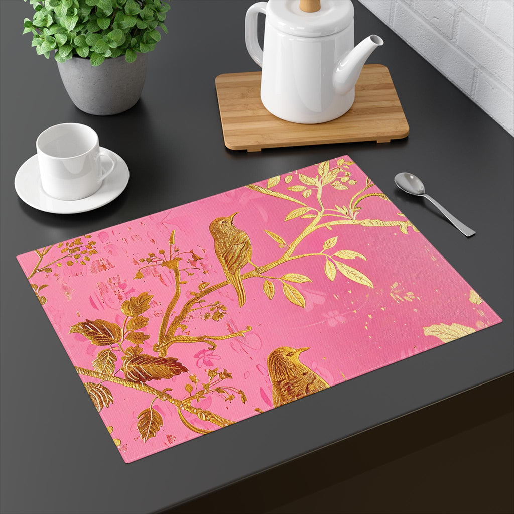 Gold Birds on Flamingo Pink Floral Placemat | Table Decor