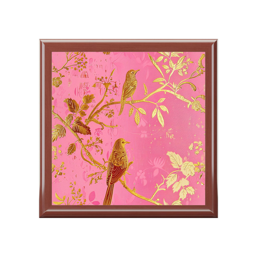 Gold Bird Branch floral jewelry box | pink lacquer keepsake